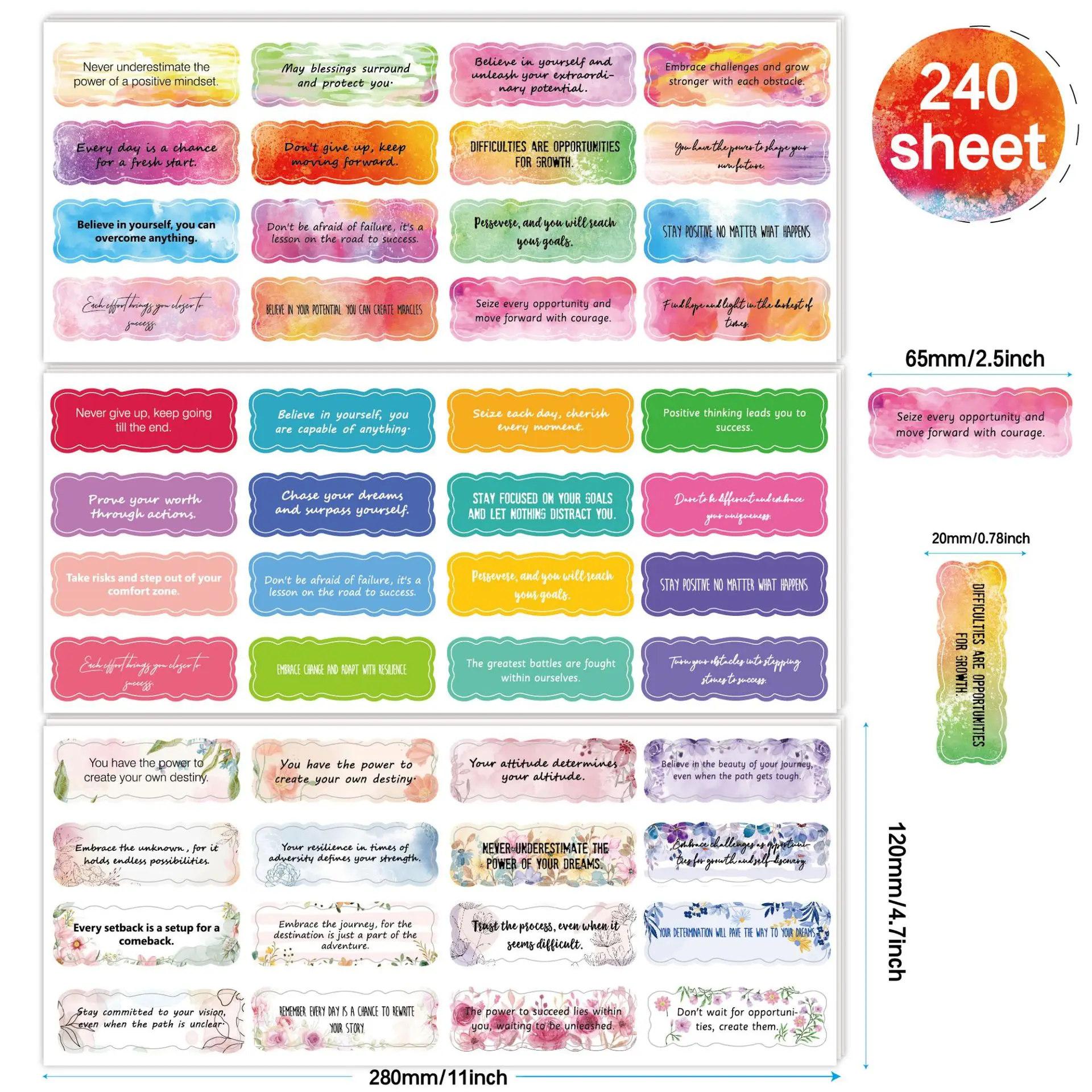 240Pcs Watercolor Aesthetic Inspirational Stickers Waterproof English Quote Motivational Decals Journal Diary Water Bottle Gift