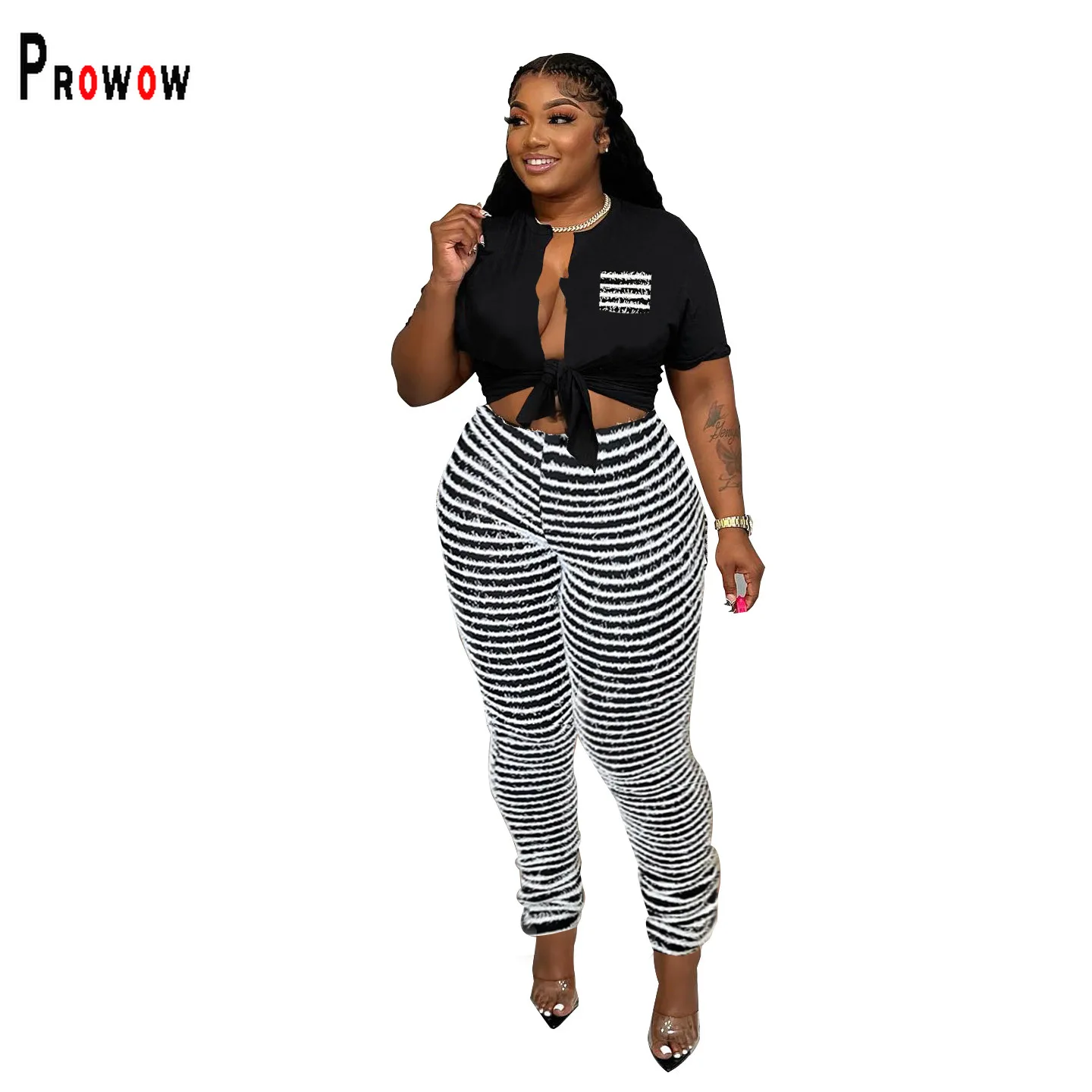 Prowow Two Piece Women Suit Short-sleeved T-shirts Striped High Waist Skinny Pant Spring Summer Female Streetwear Clothing Set