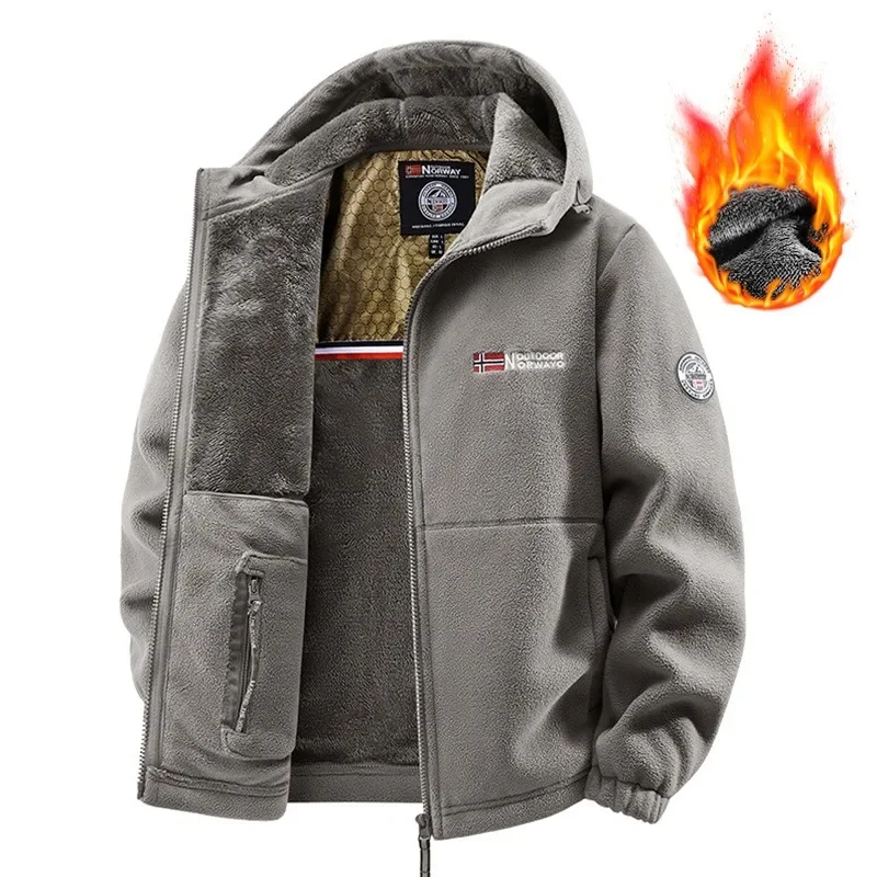 Norway Single Sided Fleece Lined Thickened Double Layered Jacket Men Autumn Winter Warm Casual Loose Plus Size Coat