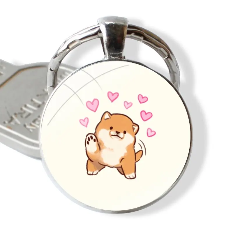 Keychain Handmade Glass Cabochon Key Ring Holder Pendant Key Chains Cartoon Cute Corgi Dog