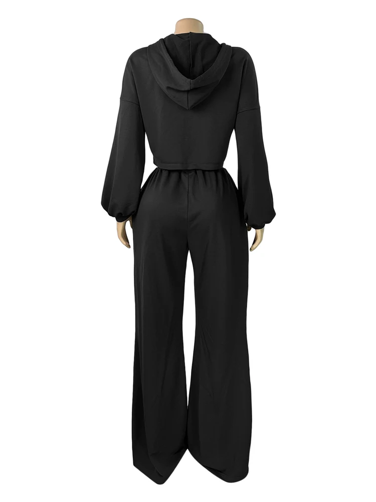 JENYAGE Oversized Zweiteiler-Set für Damen, weicher, einfarbiger, bequemer Crop-Hoodie mit Reißverschluss und Kordelzug, weite Jogginghose, Streetwear-Trainingsanzug – Detail 5