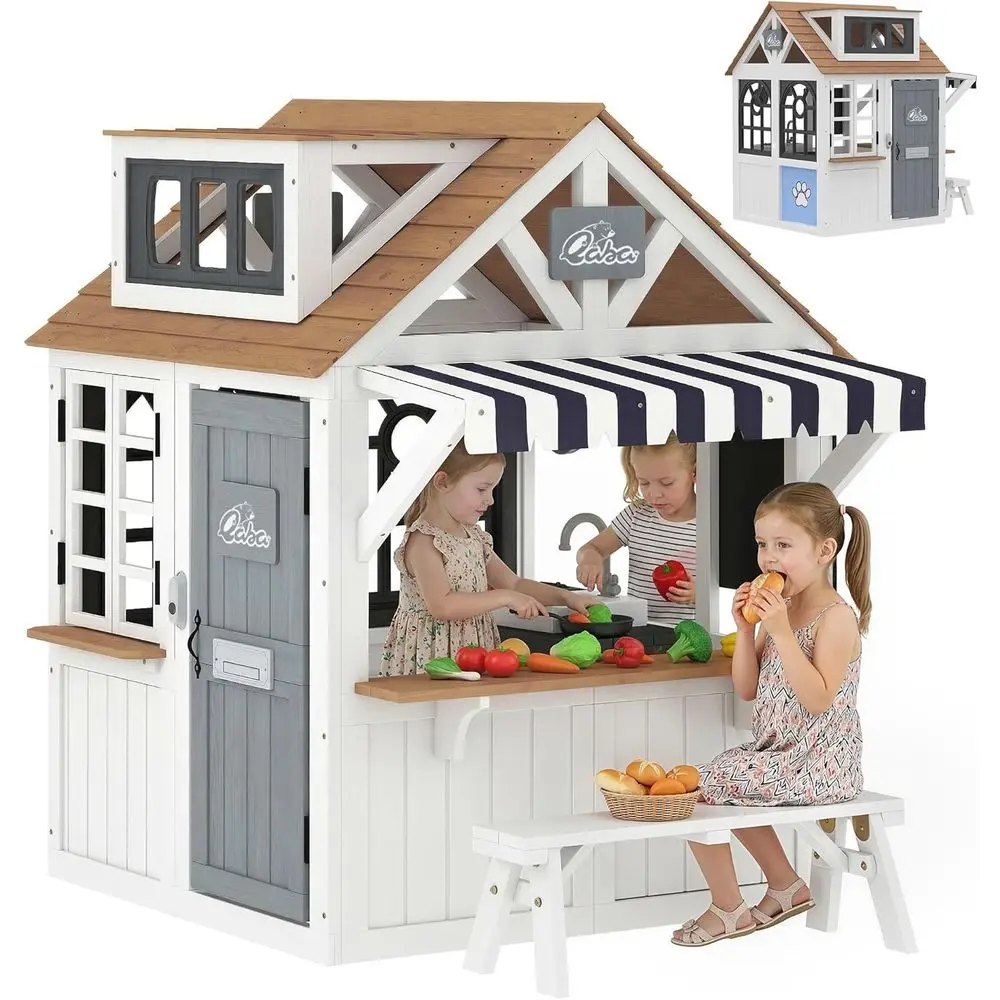 

Qaba Outdoor Playhouse, Wooden Kids Playhouse with Dog Door, Kids Cottage with Cookware, Blackboard, Bench, Dooror Backyard Gard