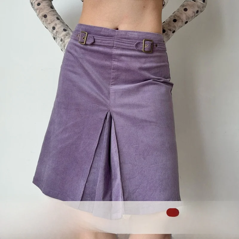 Go Girl Go Autumn Winter Corduroy Pleated A-Line Skirt Women's Purple Skirt Casual Travel Shopping Commuting School Date