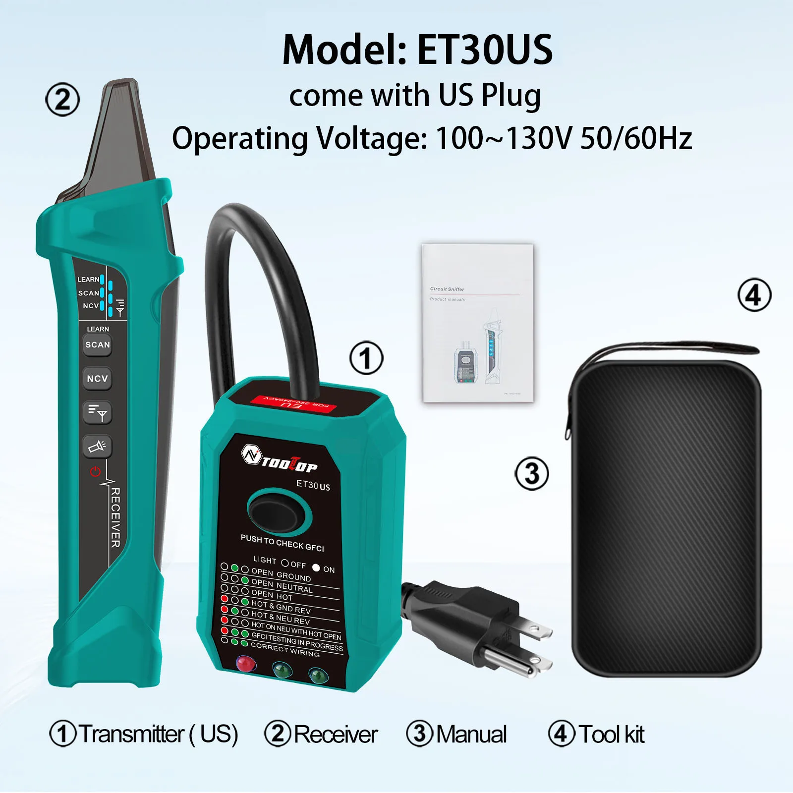 TOOLTOP ET30 GFCI Leitungssuchgerät Steckdosentester EU/US/UK Einstellbare Empfindlichkeit Diagnose von Elektroinstallationen in Wohngebäuden – Detail 16