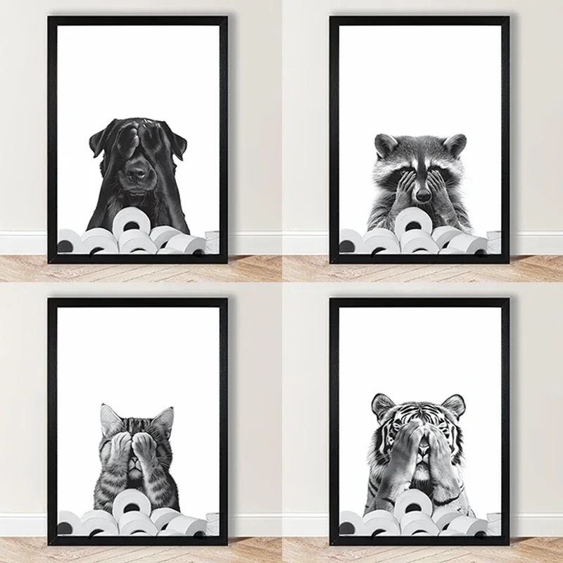 Funny Bathroom Cat Dog Racoon Tiger Peek-a-Boo Paper Rolls Posters Canvas Painting Humor Wall Art Pictures for Living Room De