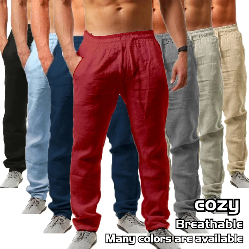 Natural Linen Comfortable Beach Anti-UV Beach Men\'s Casual Pants Linen Elastic Waist Trousers