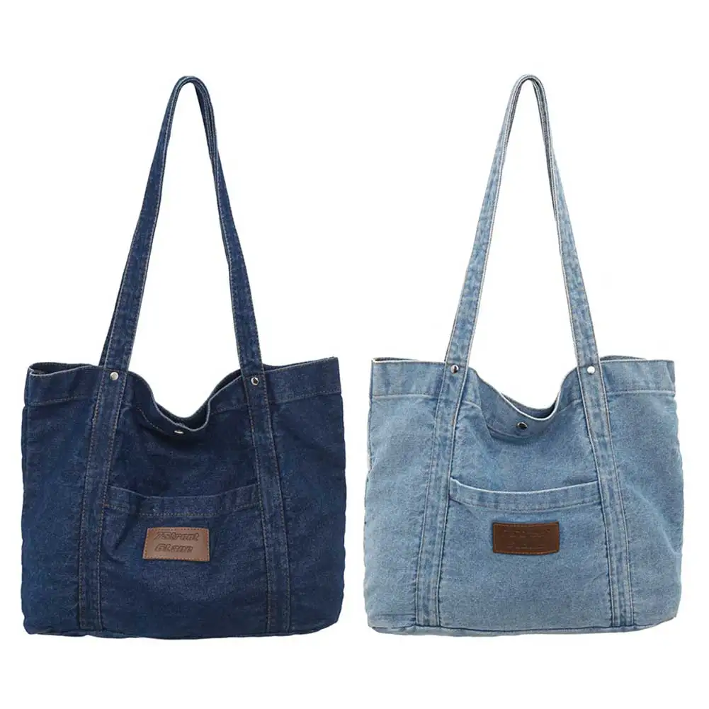 Women Vintage Shoulder Bag Large Capacity Denim Versatile Shopping Bag Solid Color for Travel Work School