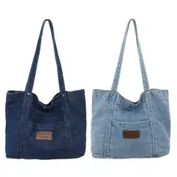 Women Vintage Shoulder Bag Large Capacity Denim Versatile Shopping Bag Solid Color for Travel Work School