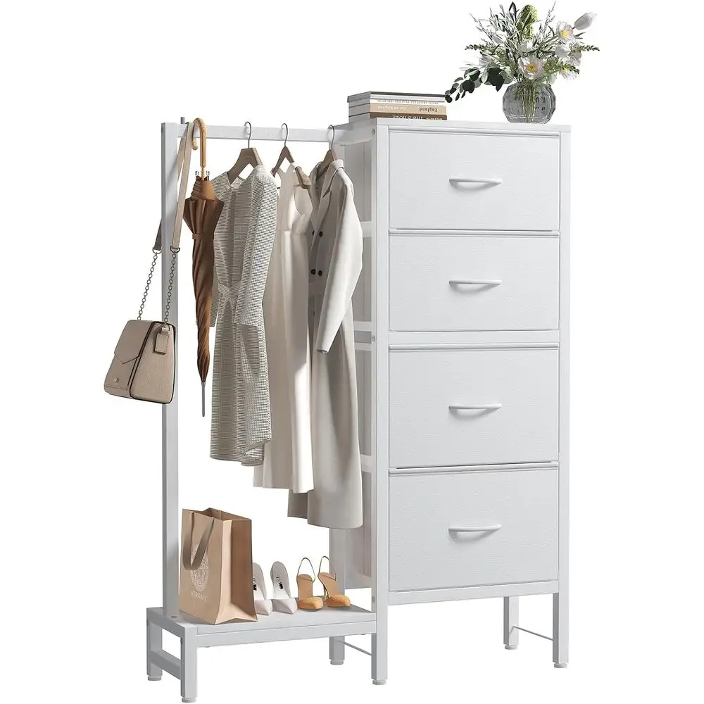 

Drer with Hanging Rack, 4-in-1 White abric Drer or Bedroom, Closet Organizer with Clothes Rack, Shoe Rack & Hooks, Tall Storage