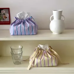 Cotton Drawstring Tissue Bag Stripe Napkin Holder Container Korean Style Kitchen Table Organization Home Room Decor Accessories