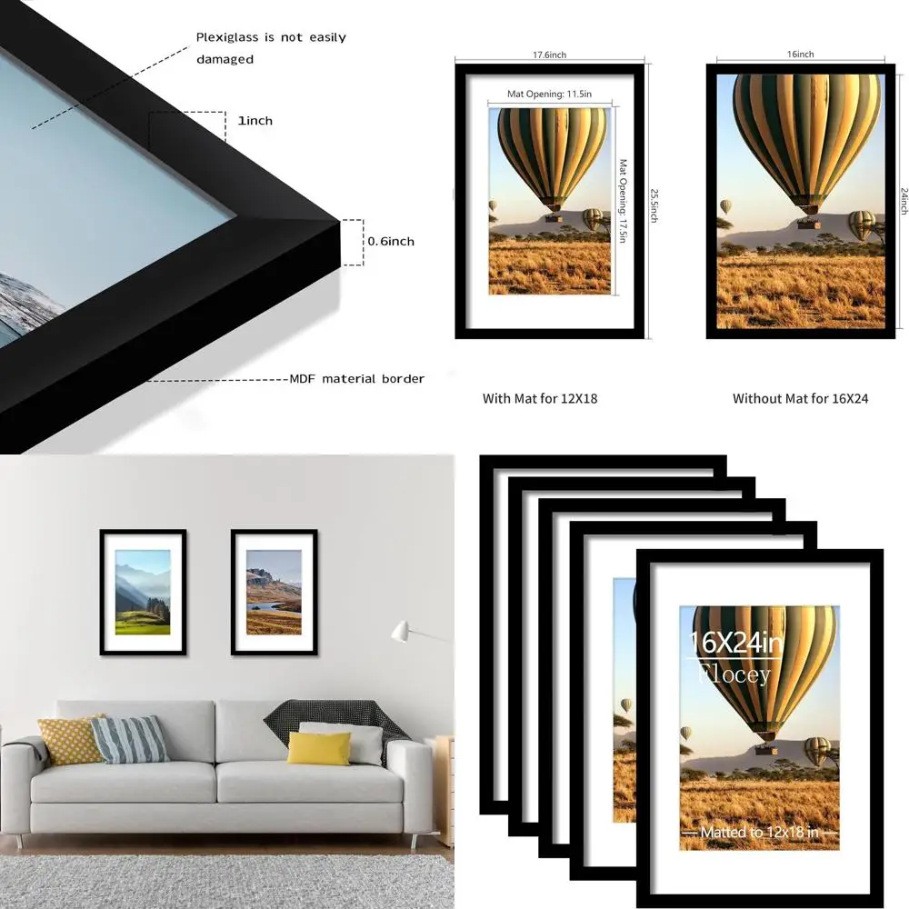 

Set of 5 Black Picture Frames, 16x24 for 12x18 Photos with Mats or 16x24 without Mats, Ideal for Wall Art Display in Portrait or
