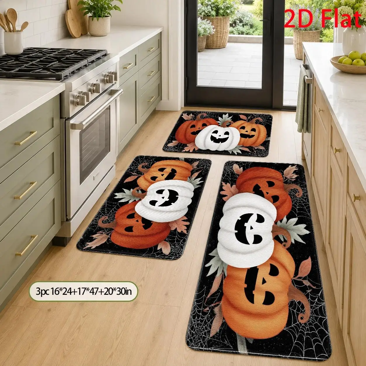 1pc, 2pcs, 3pcs, 2D Flat Kitchen Floor Mat Set, Halloween Pumpkin Floor Mat, Colorful Pumpkin Tribal Kitchen Mat, Easy-to-Clean Decorative Kitchen Mat, Suitable for Kitchen, Bathroom, Laundry Room, Dining Room, And Living, 2D Flat