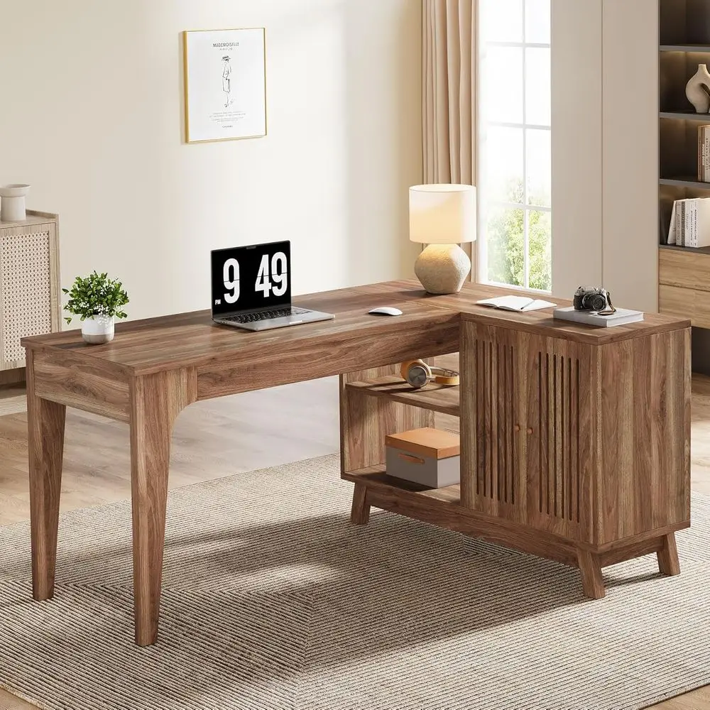 

57 L-Shaped Desk with Storage Cabinet - Walnut Wood Home Office Computer Desk for Study or Bedroom