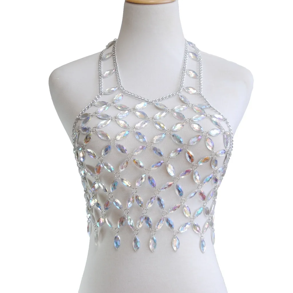 Handmade Holow out Metal Alloy Acrylic statement bra Chain jewelry halter camis tops summer night club costume tops body Chain
