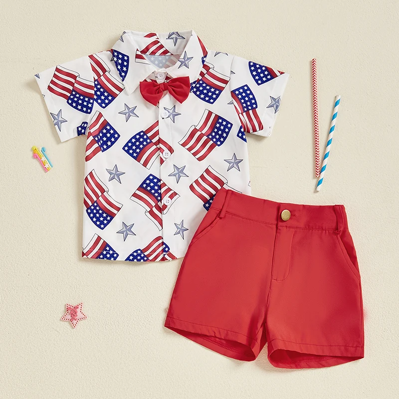 Ropa infantil para el Día de la Independencia para niño, conjunto de pantalones cortos con pajarita y estampado de rayas y estrellas en rojo, blanco y azul, ropa para niños del 4 de julio