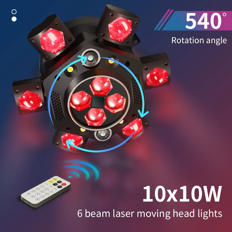 DMX 10X10W 6 Head Moving Head Beam Light RGB Laser Strobe Light DMX Stage Light RGB Beam Light Rotating Disco Party Bar