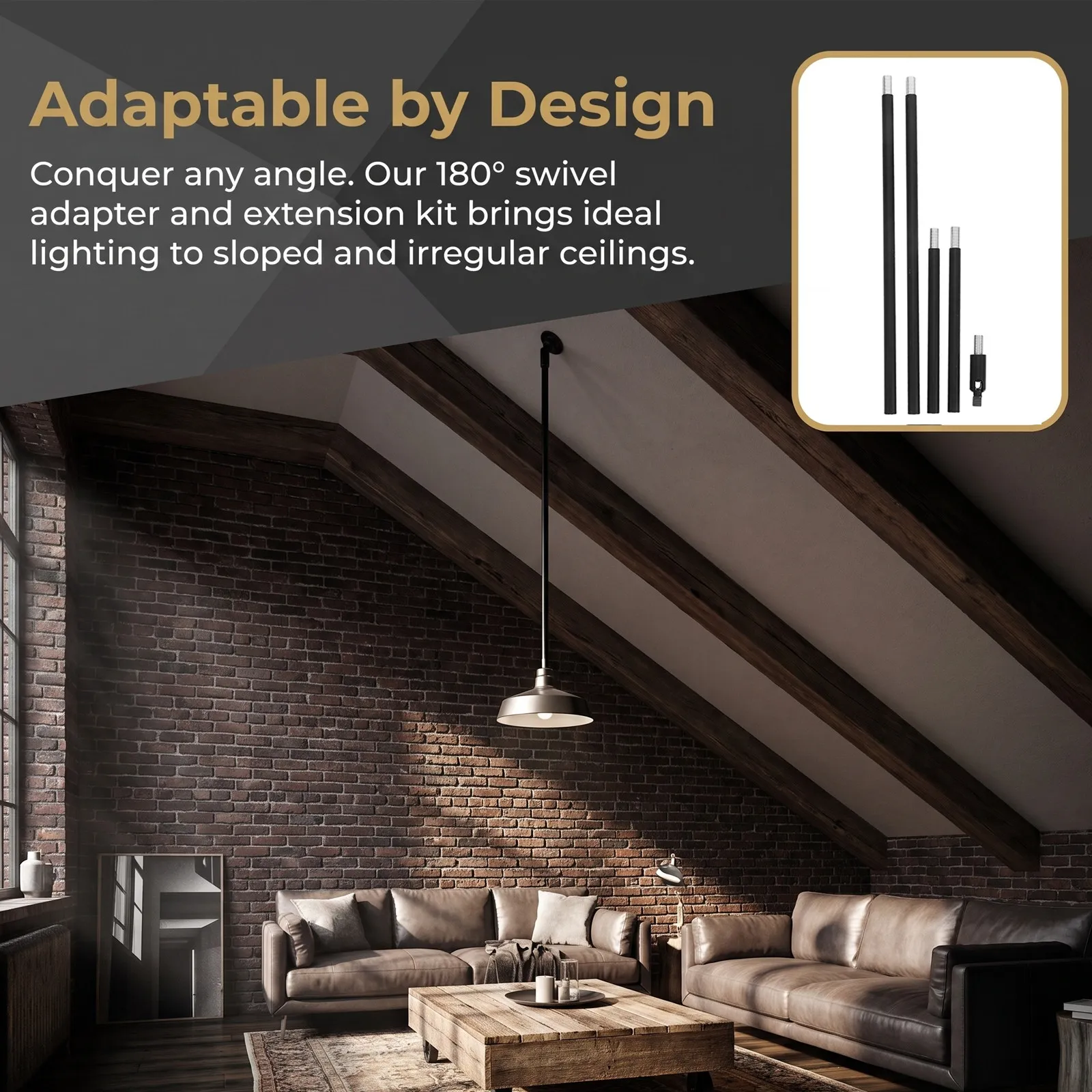 1Set M10 Threaded Black Pendant Light Extension Rods Sloped Ceiling Adapter 180 Degree Vaulted Ceiling Downrod Lighting Fixture
