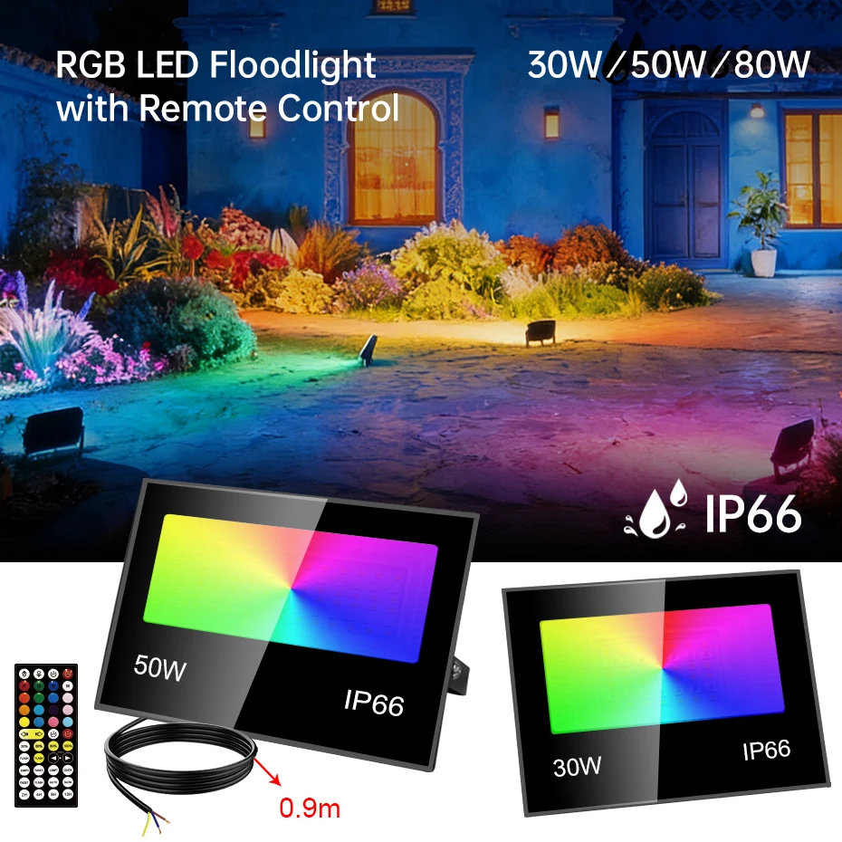 

RGB LED Floodlight IP66 Waterproof Led Spotlight Flood Light 30W 50W 80W 110V 220V Outdoor Wall Lamp Garden Lighting Decoration
