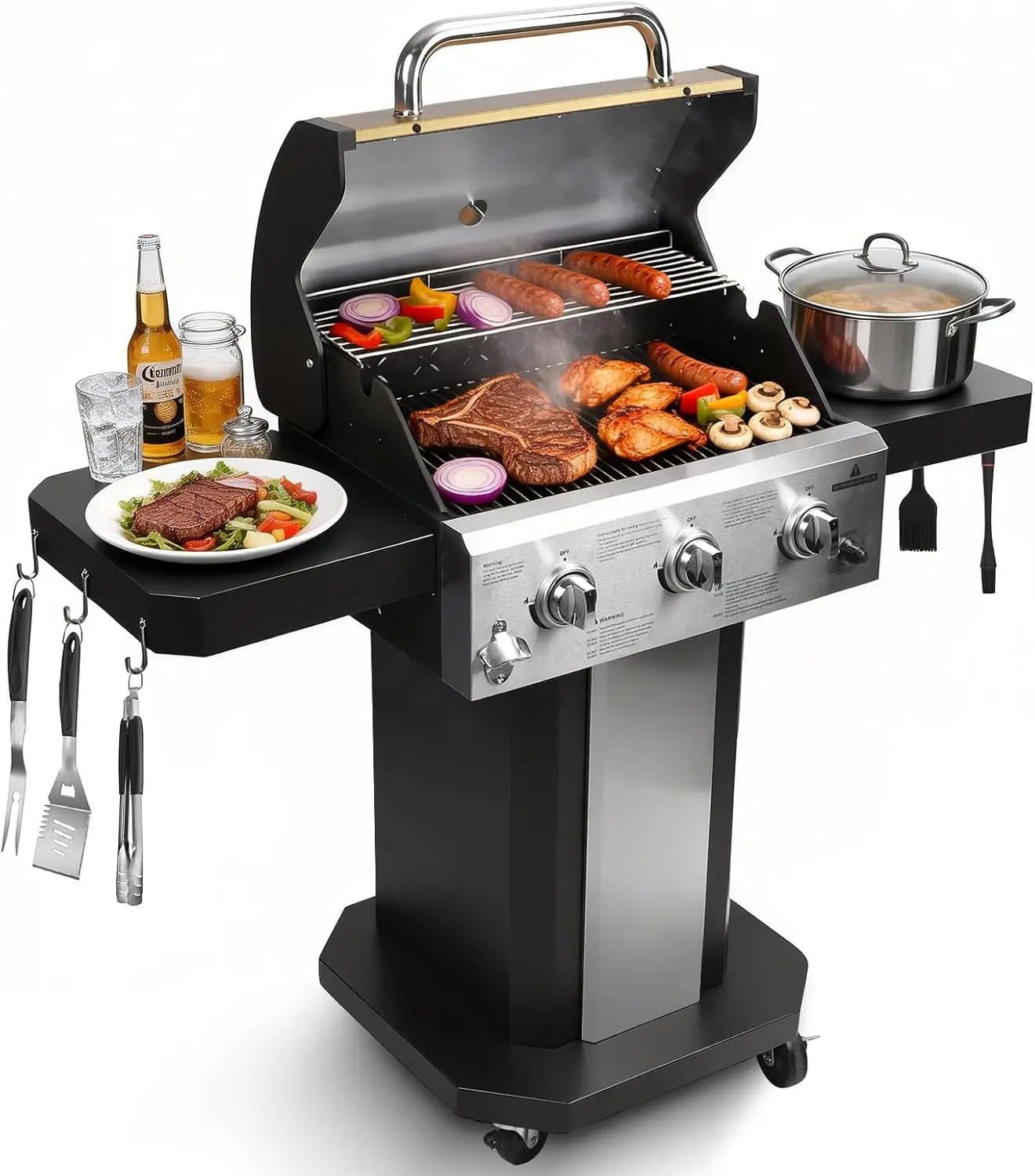 

3-Burner Propane Gas Grill, 30,000 BTU Outdoor BBQ Grill with Cast Iron Cooking Grates, Stainless Steel Warming Rack, Built-In Thermometer, Side Shelves, Removable Grease Tray, Yellow