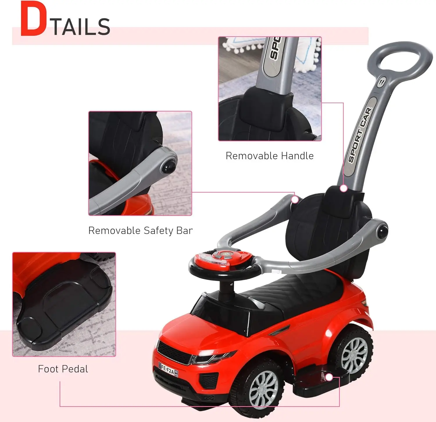 2-in-1 duwauto voor peuters met hoorn, muziek, licht en veilige stang - rijspeelgoed voor jongens, meisjes van 1-3 jaar in rood