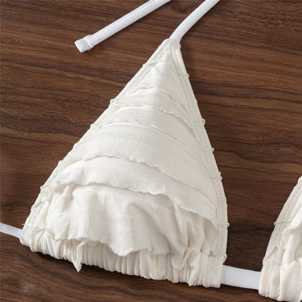 솔리드 화이트 러플 프릴 수영복 섹시 홀터 스트링 트라이앵글 비키니 세트 마이크로  Thong 수영복 여성 2025 비치웨어 비키니