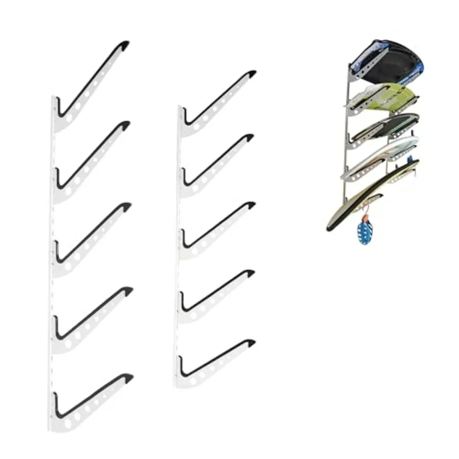 

Wall mount surfboard rack for home garage use, powder-coated steel, black, adjustable arms fit 5 boards up to 8' long with non-
