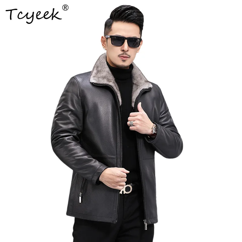 

Tcyeek Top Layer Goatskin Autumn Winter Lapel Mink Inner Tank Black Men's Genuine Leather Jacket Jaqueta De Couro Masculina