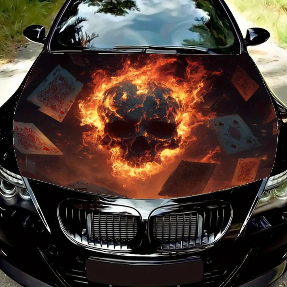フレイムスカル＆ポーカーカーフードステッカー、パーソナライズされたdiy改造カーフィルム、防水性と耐摩耗性のステッカー、カーパーツアクセサリー