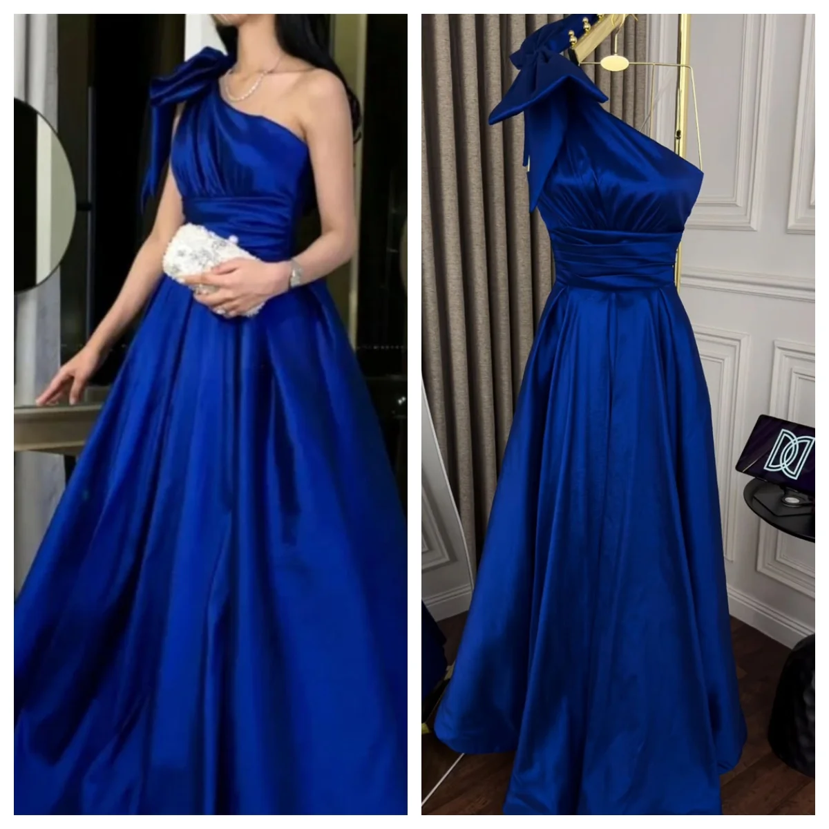 Классические синие атласные платья для выпускного вечера без рукавов на одно плечо по индивидуальному заказу Элегантные платья трапециевидной формы длиной до пола с бантом и рюшами для особых случаев