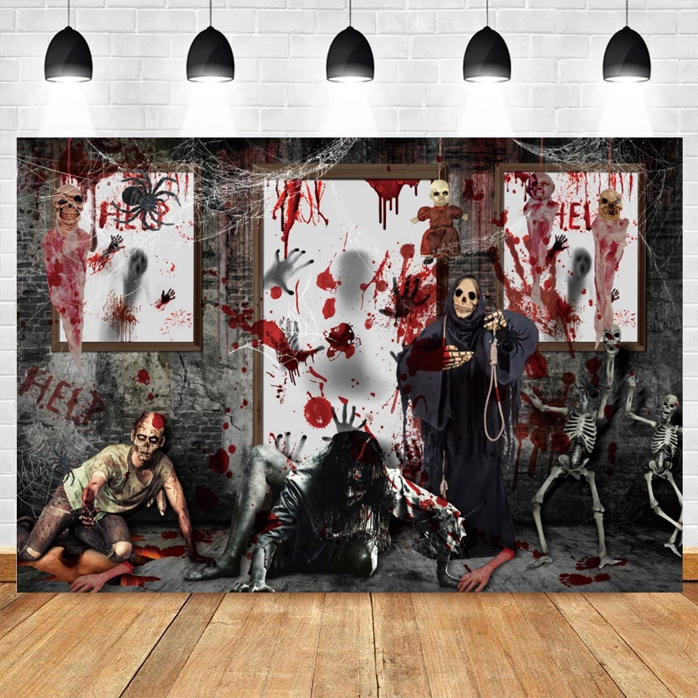 

Halloween Backdrop Bloody White Brick Wall Photography Background Handprint Scary Blood Splatter Halloween Party Decor Banner