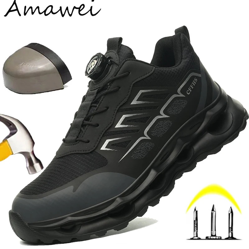 

Shock Absorbing Safety Shoes for Men Steel Toe Lightweight Work Boots for Factory & Warehouse Rotary Button Indestructible Shoes