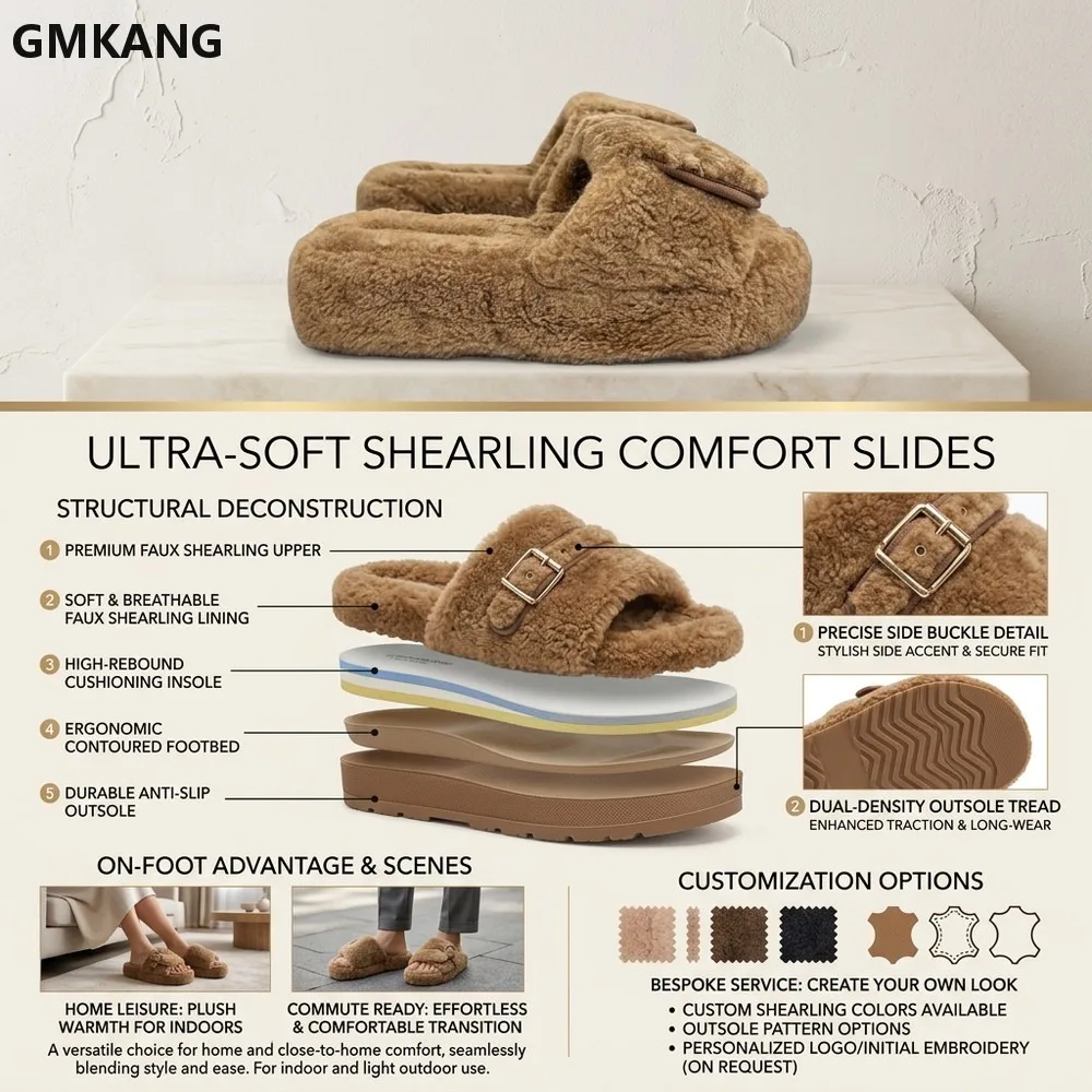 Women Fuzzy Platform Slide Slippers Open Toe Adjustable Strap Warm Winter Sandals Comfort Cushion Casual House Shoes