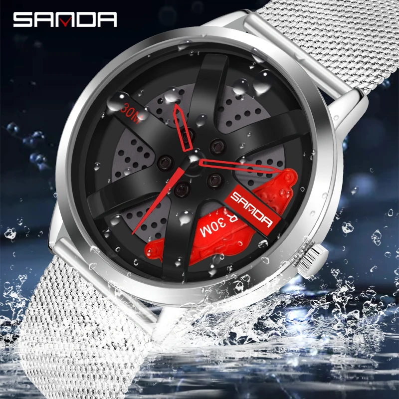 SANDA P1075 Original 3D Real Man Mesh Band Waterproof Watches Car Rim Design Watch Quartz Men\'s Sports 360 Rotate For Men Clock