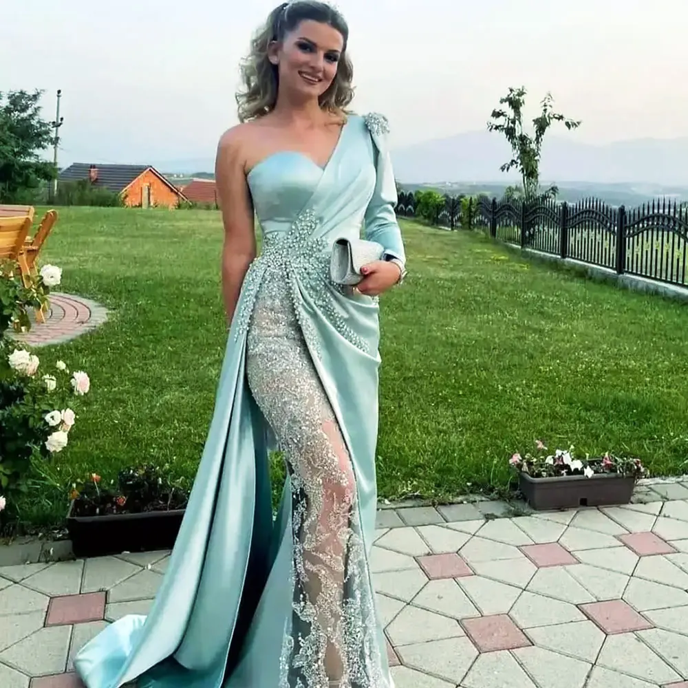 Vestidos De Noche De encaje De lujo para mujer, vestido De fiesta De sirena De manga larga con un hombro, vestidos formales De fiesta con cuentas De satén, bata De velada