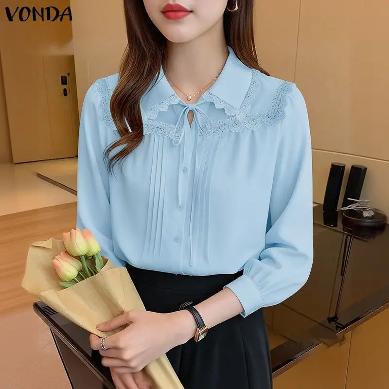 VONDA ファッション長袖シャツ女性レースパッチワーク包帯カジュアルブラウス春秋ラペルオフィスレディエレガントチュニックトップス