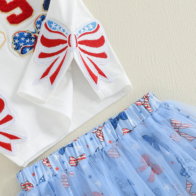 Abbigliamento da donna per il Giorno dell'Indipendenza, manica corta, girocollo, fiocco, lettera, ricamo, camicetta, gonna in tulle a trapezio