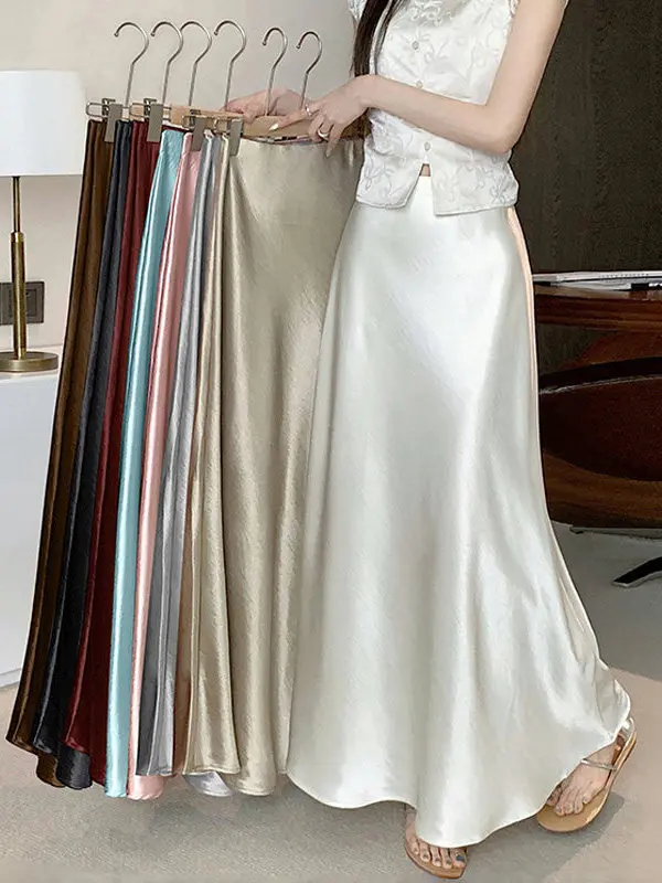 Elegant High Waist Acetate Satin Fish Tail Half Skirt Women's Summer Slimming Drapey A-Line Long Skirt Bodycon Party Dress