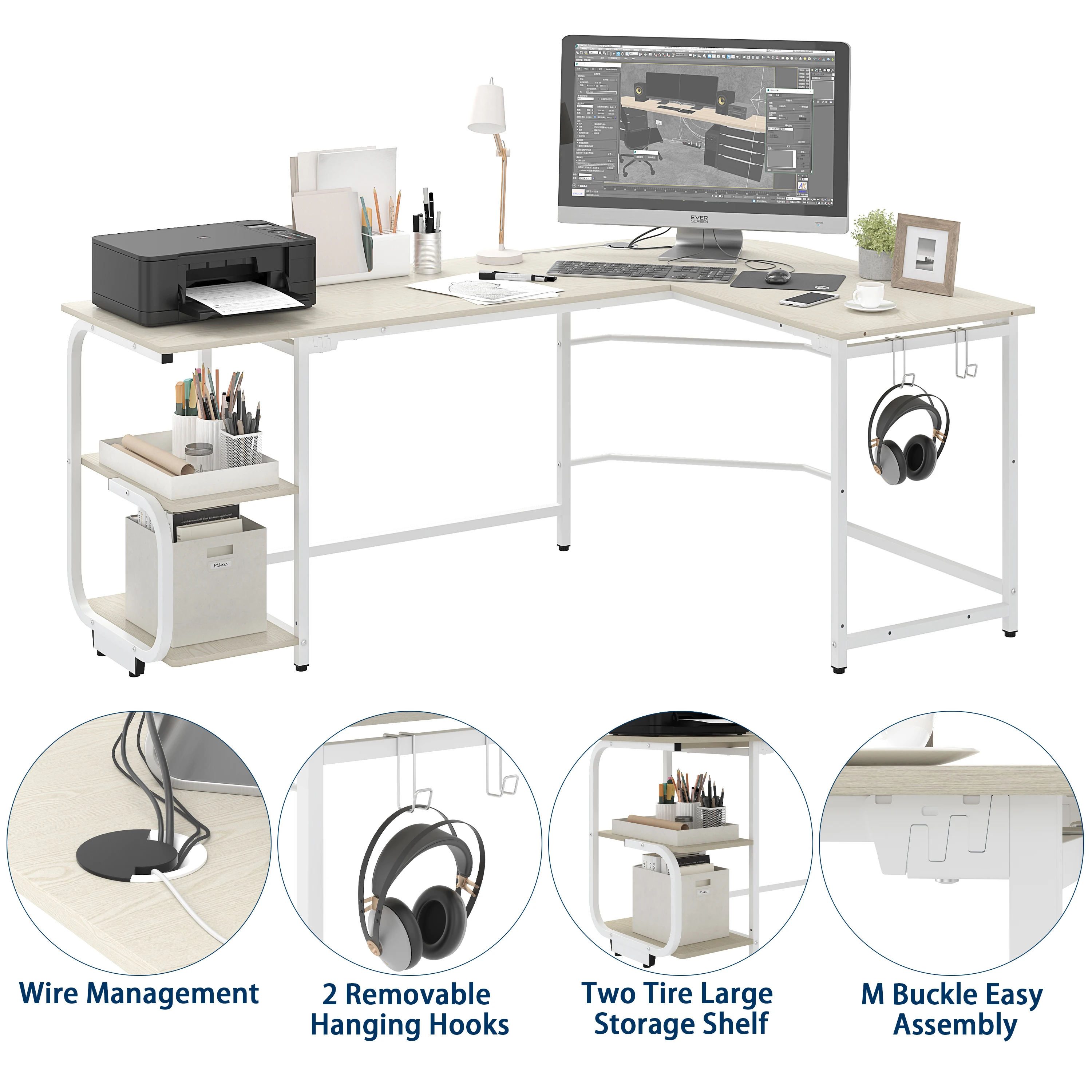 مكتب ألعاب على شكل حرف L مع أرفف تخزين، مكتب كمبيوتر زاوية حديث قابل للعكس على شكل حرف L للمكتب المنزلي، بيج