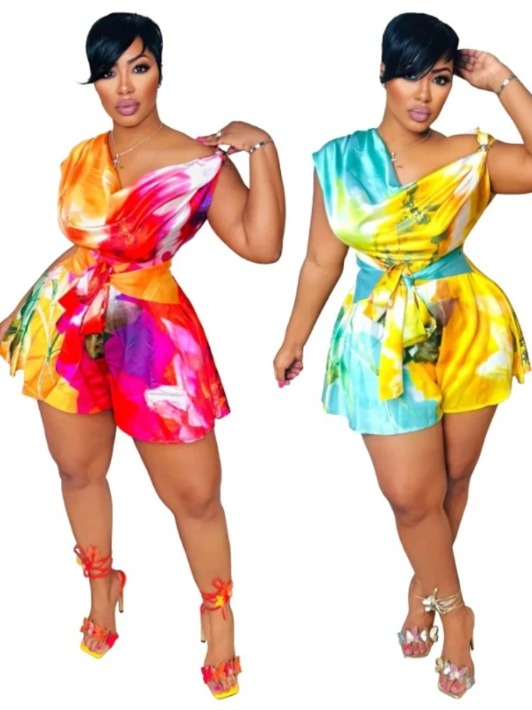

Women Tie Dye Print Beach Sleeveless V-neck Sashes Sexy Party Club Playsuits Jumpsuit 2025 Summer One Piece Suit Rompers