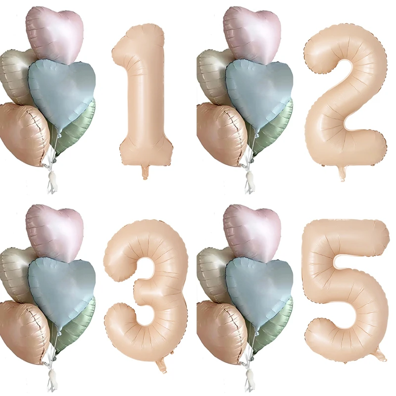 1set Retro Caramel Heart Balloons with 32inch Number Foil Balloon For Kids 1st Birthday Party DIY Decoration Supplies Wedding