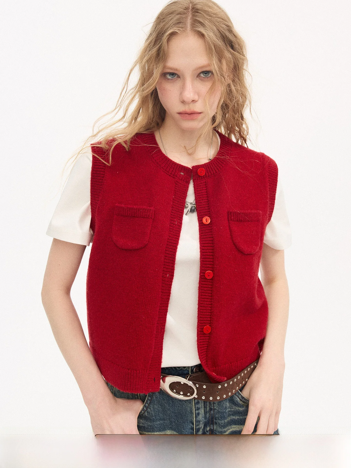 

DIDDI MODA round Ne Knitted Vest Faionable Casual Sle Women's Inner Wear ort Length Button up Cardigan with ket