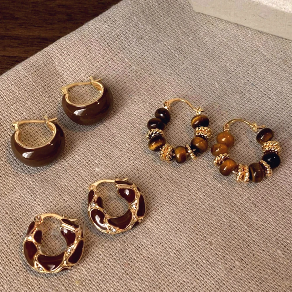 Mariasz Minimalist Brown Vintage Dripping Oil U-shaped Earring for Women Simple Hoop Korean Beading Earrings Temperament Jewelry