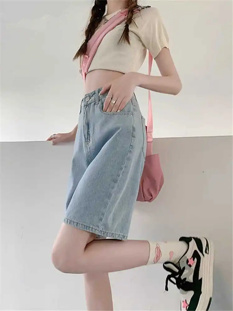 

High Waist Wide Leg Short Jeans Women's Slimming Fashionable Summer Shorts Cotton Stretch Denim Five-Quarter Length