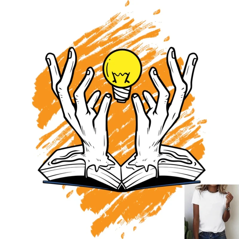 Creative Hands & Light Bulb & Book Heat Transfer White Ink Iron - on Decal, Artistic Style, Suitable for T - shirts/Canvas