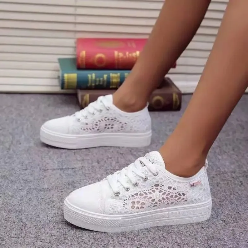 Fashion Women Shoes 2023 Fashion Summer Casual White Shoes Cutouts Lace Hollow Breathable Platform Flat Shoes Woman Sneakers