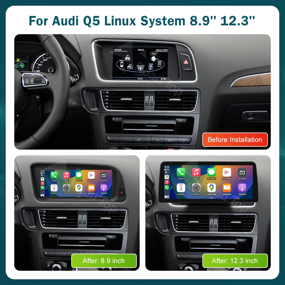RoadTop 12.3 بوصة لاسلكي CarPlay الوسائط المتعددة شاشة رقيقة جدا أندرويد السيارات لأودي Q5 2009-2017 وظيفة Airplay Autolink #3