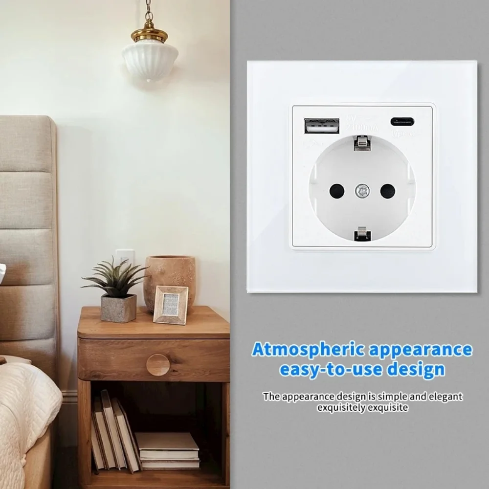 Shawader Wall Power Sockets Tempered Crystal Glass Panel Electrical Plug Outlet Flush Mounted Square Schuko Home Office Kitchen