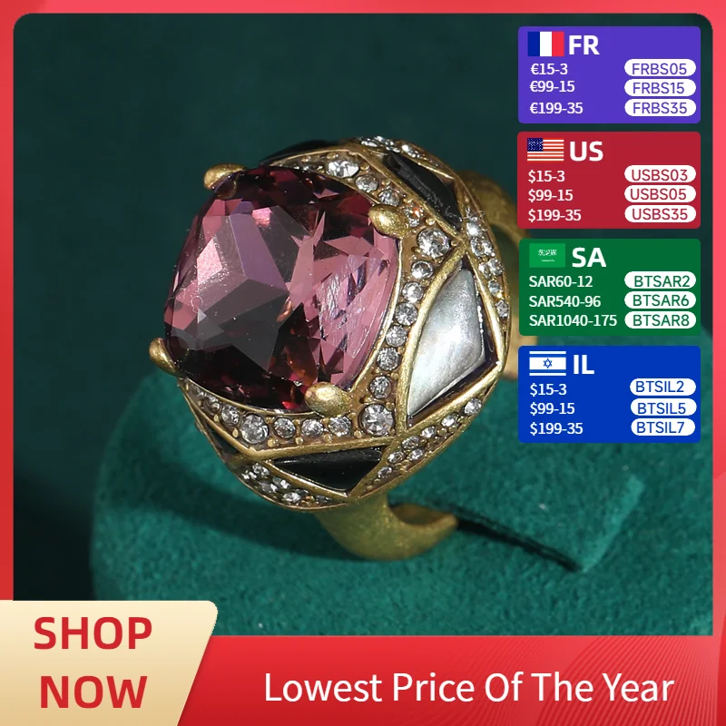 

Vintage Lion Purple Crystal Rings For Woman Antique Gold Color Engagement Rhinestone Accessories Luxury Quality Bohemian Jewelry