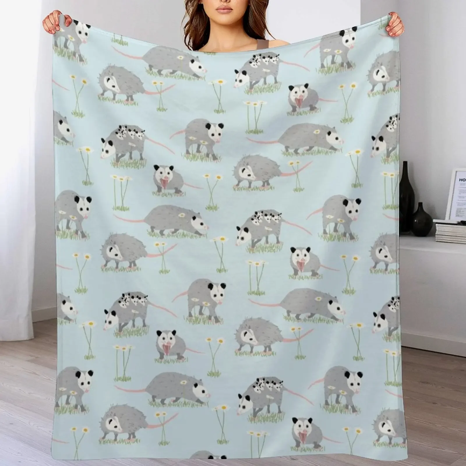 Opossums and Daisies Throw Blanket Travel Size Cozy Blanket for Plane Train
