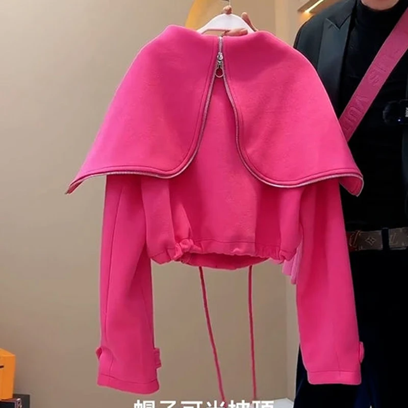 Design sense, large lapel, drawstring short jacket for women, 2024 spring new fashion, small and chic, street top